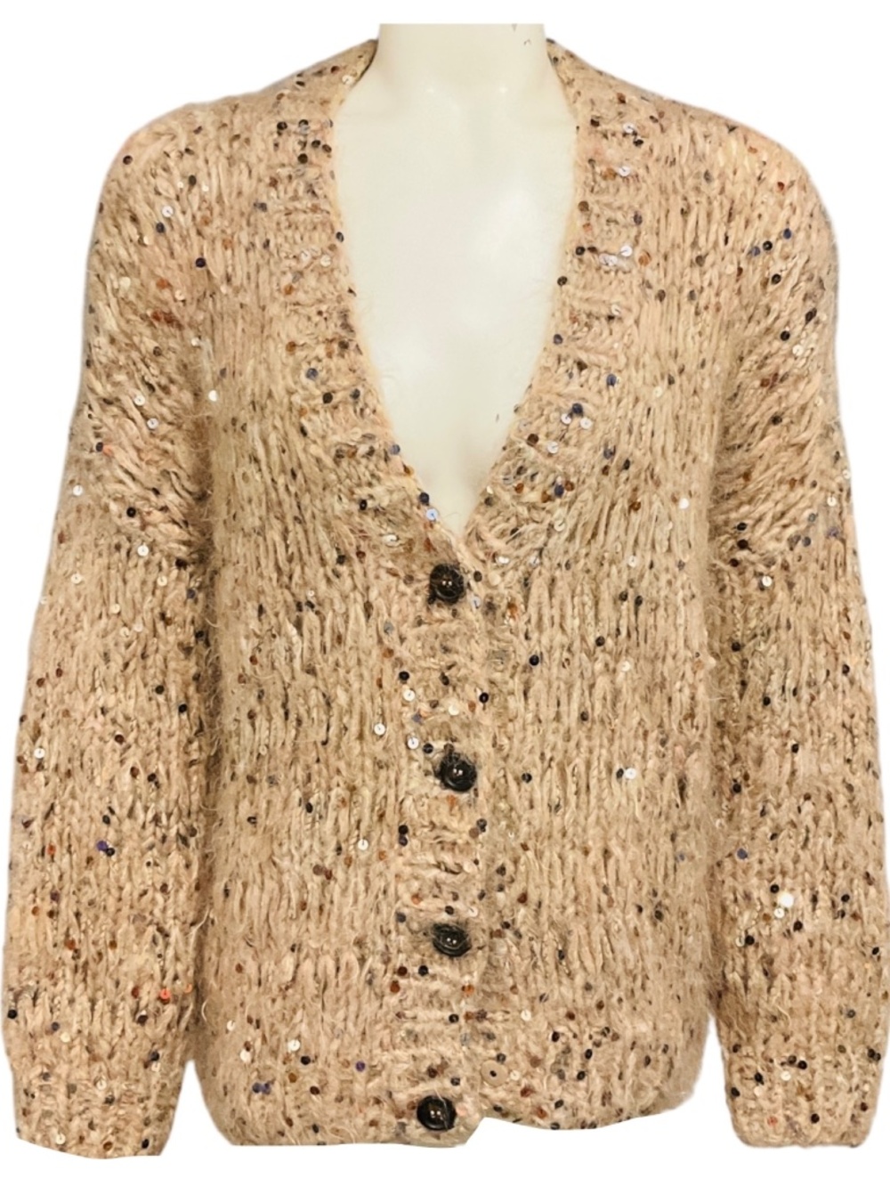 BRUNELLO CUCINELLI BEIGE MULTI SEQUINED CHUNKY KNIT CARDIGAN SWEATER